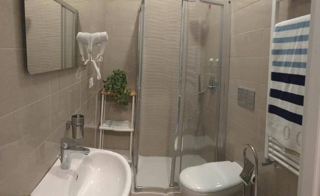 a bathroom with a shower and a sink and a toilet at Albamare in Monterosso al Mare