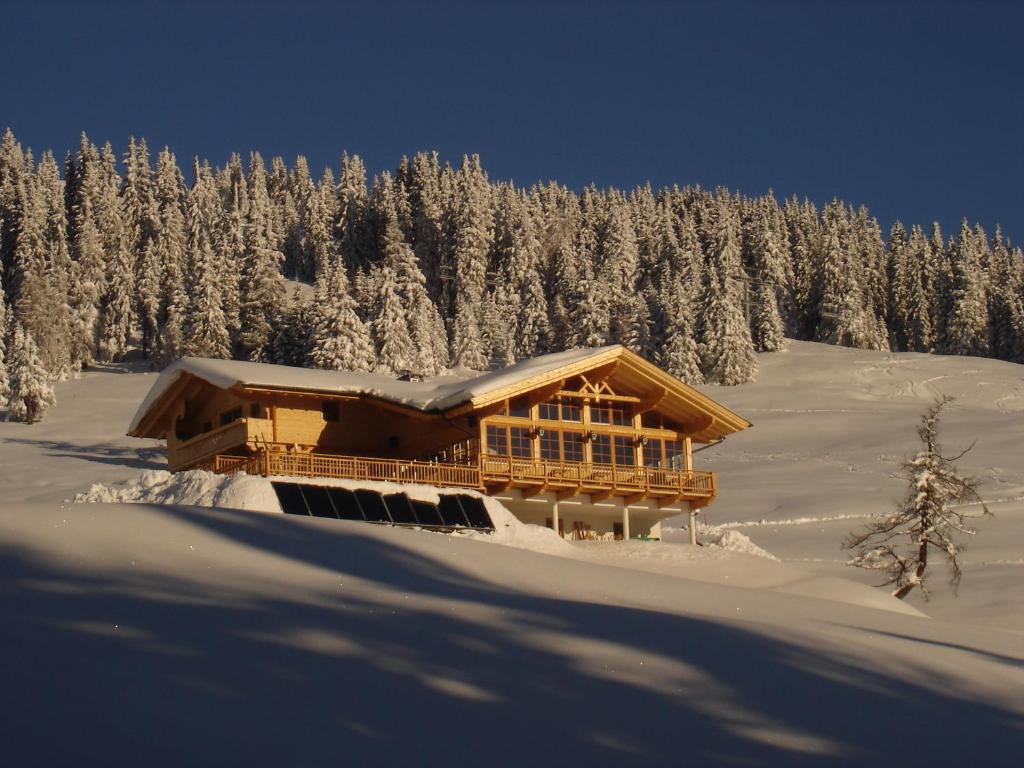 drewniany domek na śniegu z drzewami w obiekcie Mecki's Dolomiten Panorama Stubn w mieście Debant