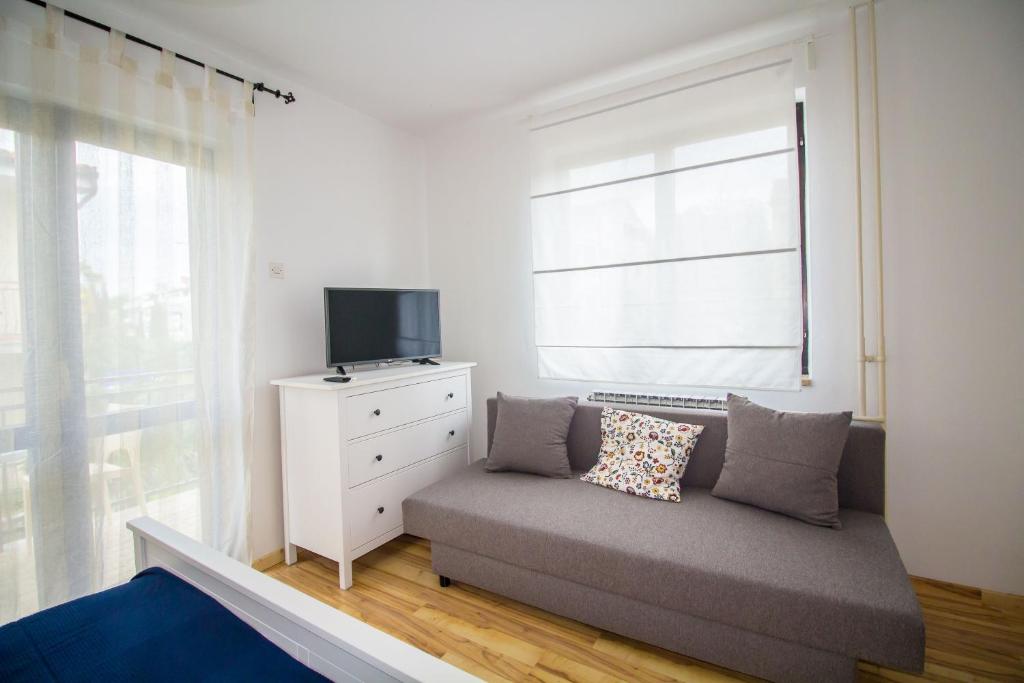a living room with a couch and a tv and a window at Pineta House Vidos in Poreč