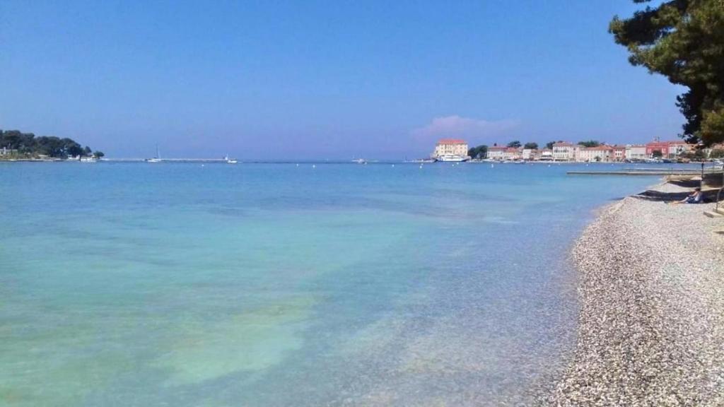 a beach with blue water and buildings in the background at Pineta House Vidos in Poreč