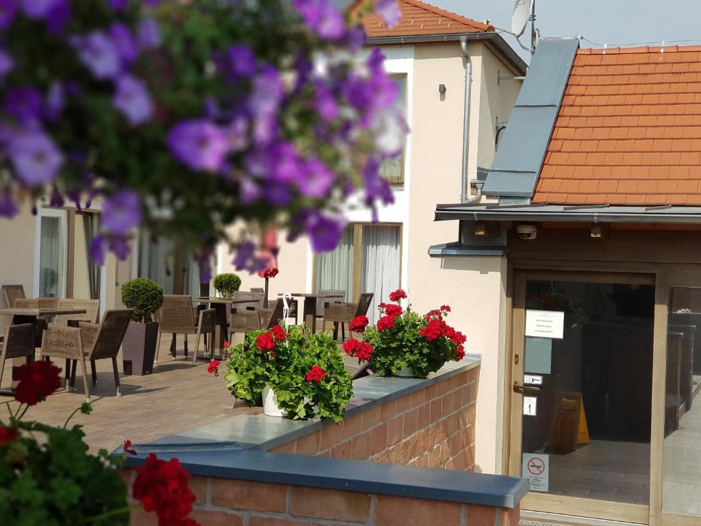 two potted flowers on a brick wall next to a patio at Bükkös Hotel & Spa in Szentendre