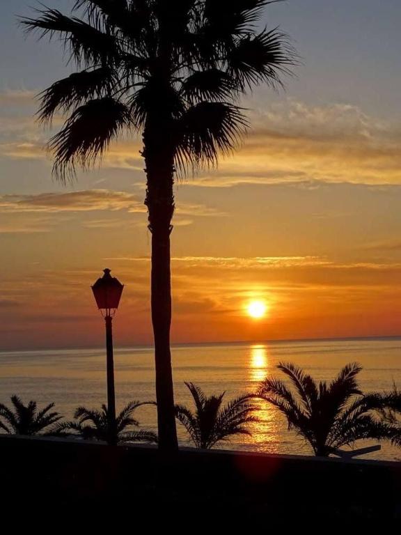 a palm tree and a street light in front of a sunset at Sunny Breeze Apartment in Mojácar