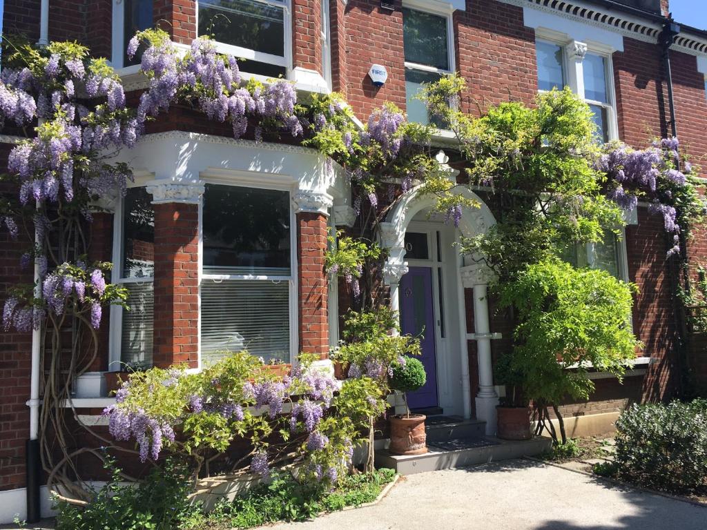 ein Haus mit lila Glyzinien an der Eingangstür in der Unterkunft The Lilac Door in London