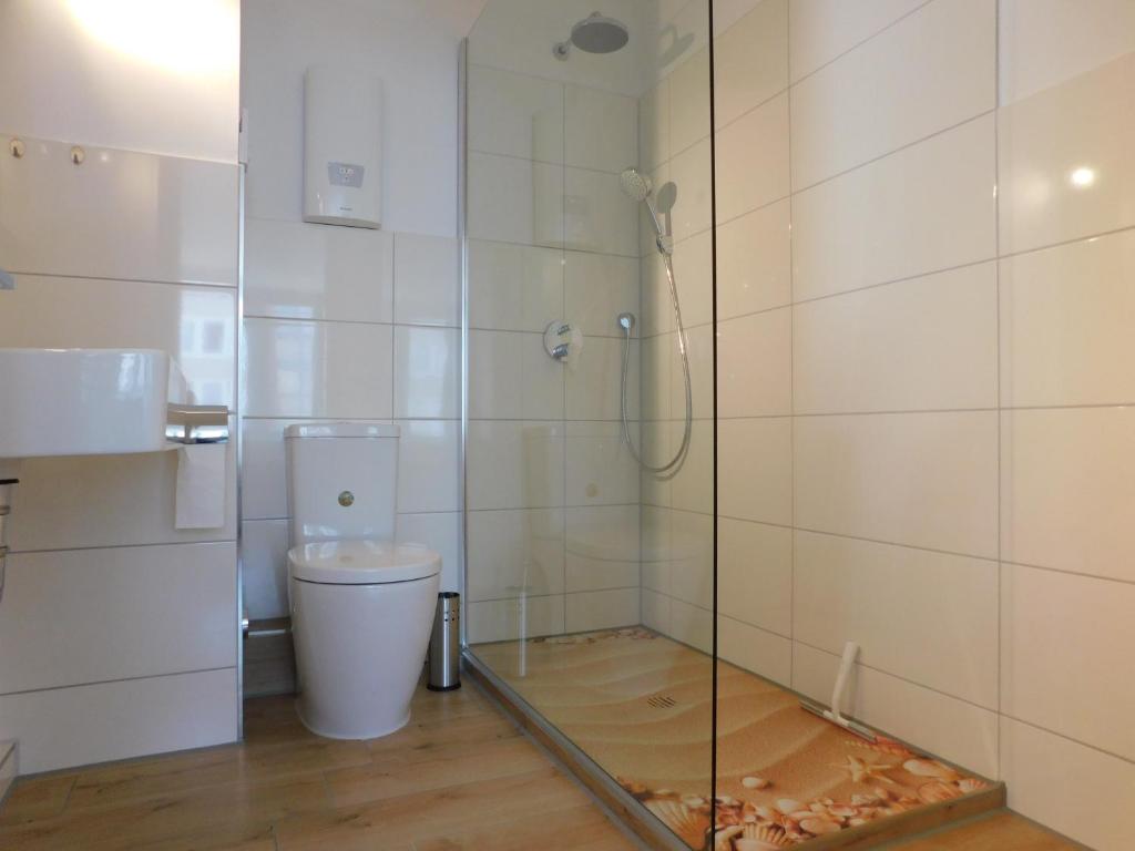 een badkamer met een douche en een toilet. bij Nordsee in Nordstrand