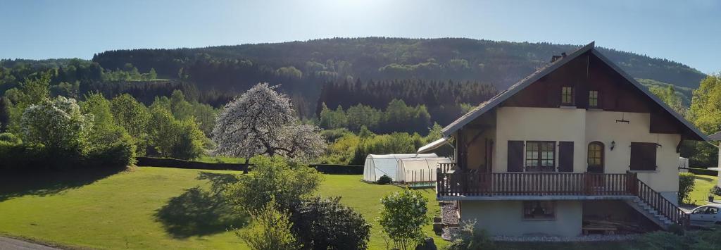 Granges-sur-VologneにあるLes jumeauxの山を背景にした緑地の家