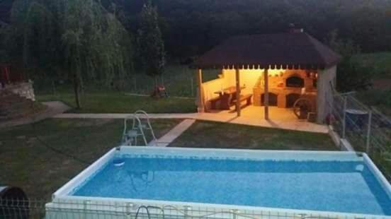 a swimming pool in a yard with an umbrella at Cabana Vladimir in Cucuceni