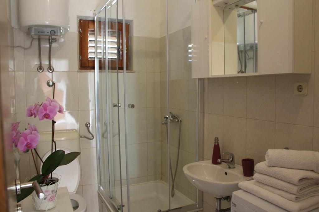 W łazience znajduje się prysznic i umywalka. w obiekcie Apartments Curnić w mieście Jesenice