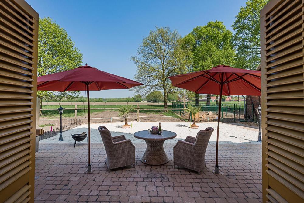 eine Terrasse mit einem Tisch, Stühlen und Sonnenschirmen in der Unterkunft Ferienwohnung Paulina bis 2P Ferienwohnung Josefine bis 4P in Münster