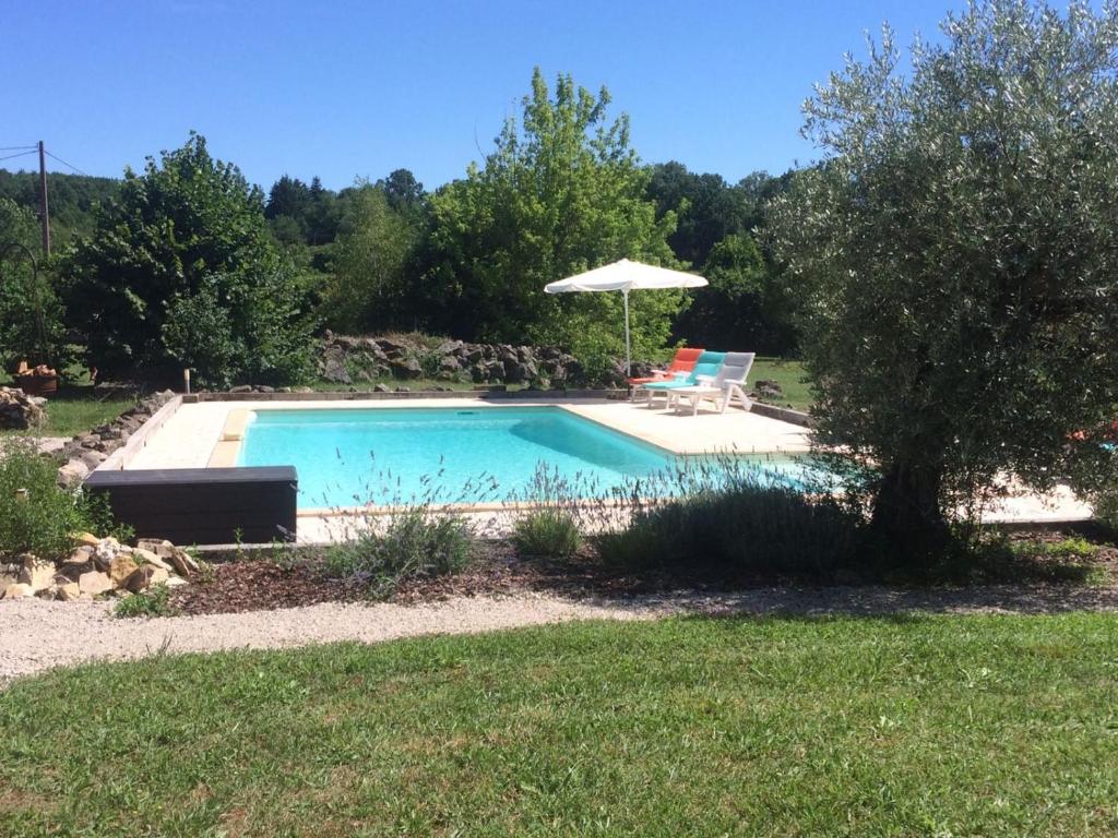 a swimming pool in a yard with an umbrella at Coutillard in Parisot-Tarn-et-Garonne