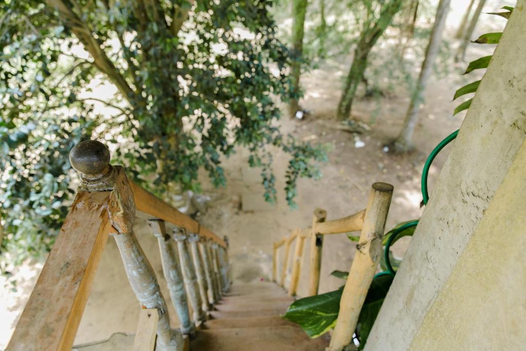 a wooden bridge over a path in a forest at Nuga Eden Tangalle in Tangalle