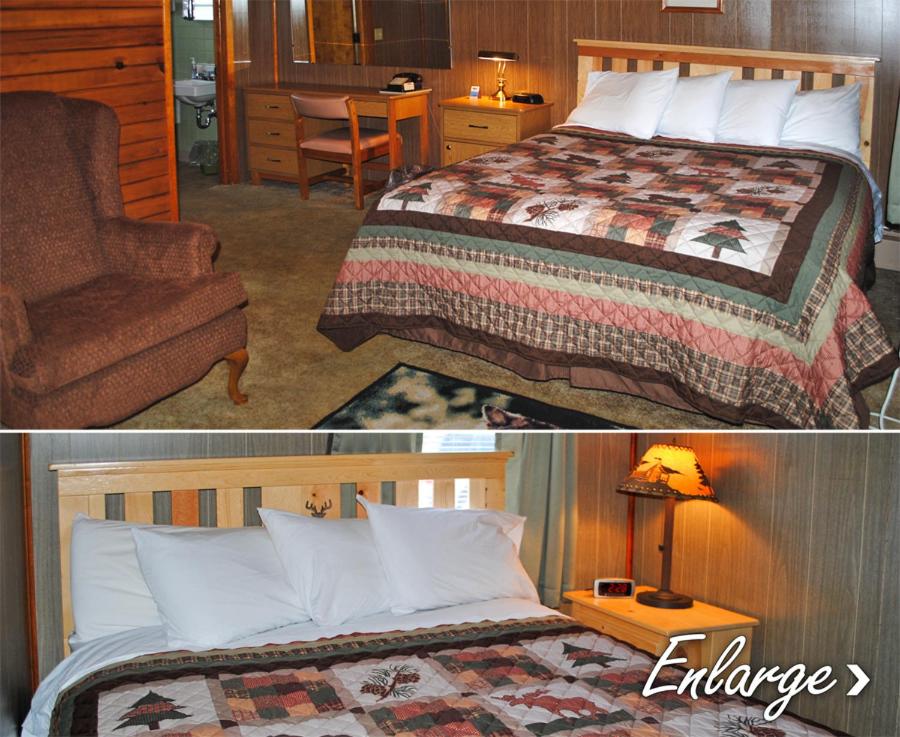 2 fotos de un dormitorio con cama y silla en The Superior Motel, en Munising