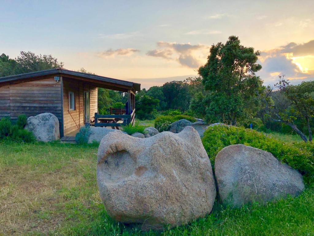 une cabane en rondins avec un grand rocher dans la cour dans l'établissement A Casetta, à Pianottoli-Caldarello