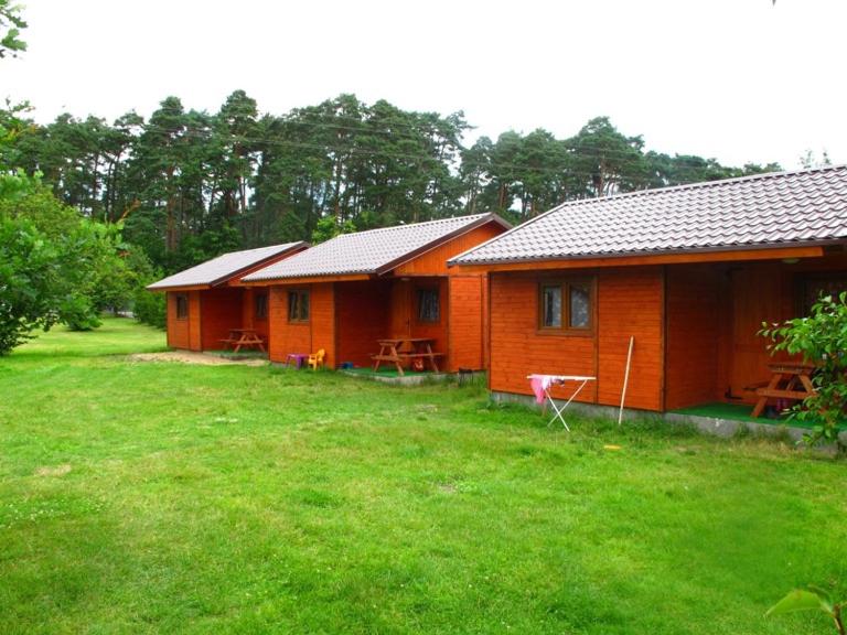 a couple of small wooden houses in a yard at Domki Pod Złotym Dębem in Kąty Rybackie