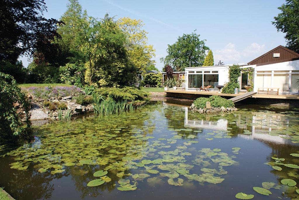 a pond with lily pads in front of a house at TOR Rooms in Canterbury