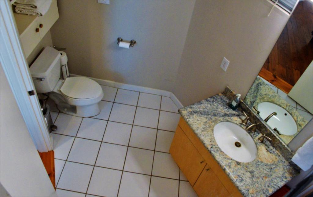 a bathroom with a toilet and a sink at Modern B & B in Houston
