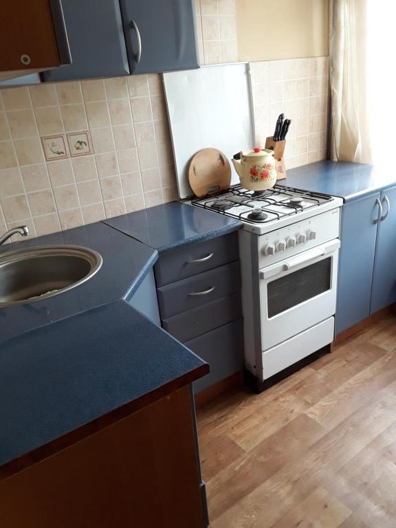 a kitchen with a white stove and a sink at Apartment on Danyla Galytskogo 8A in Morshin
