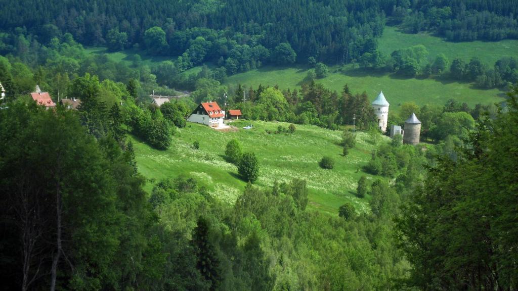 an aerial view of a green hill with a castle at Villa Maximus in Jáchymov