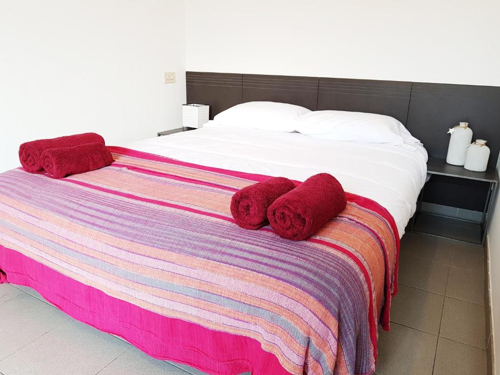 ジローナにあるLoft Plaça Sant Josepのベッド(赤い枕、毛布付)