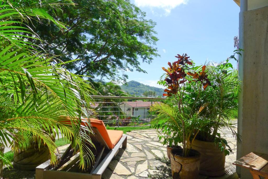 a patio with plants and an orange bench in a yard at Luxury Studio Suite in San Juan del Sur