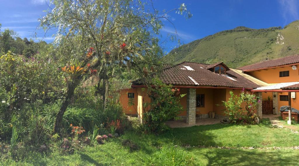 a house with a mountain in the background at Hospedaje Rural Casa Mallqui in Leimebamba