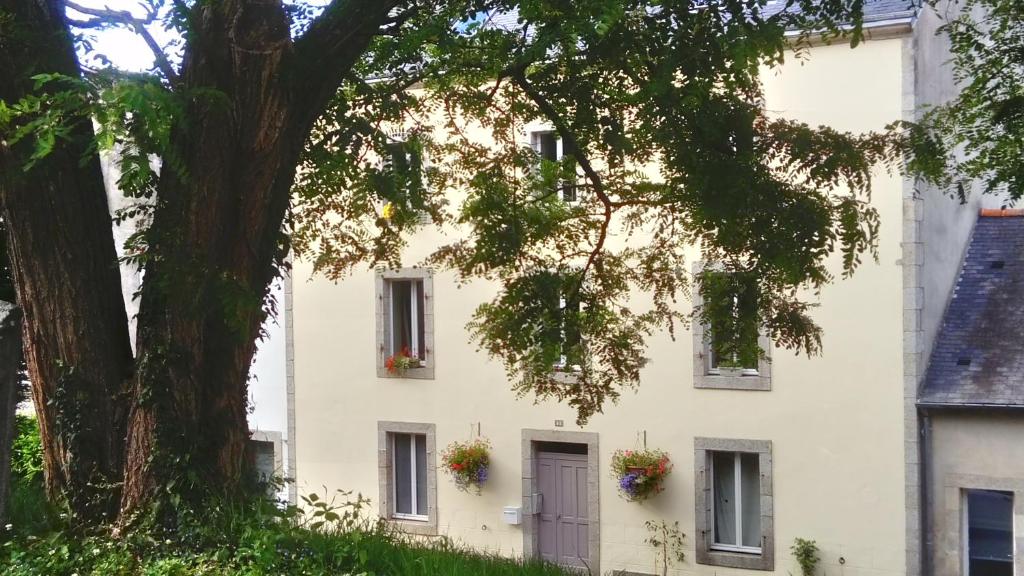 een wit huis met bloembakken op de ramen bij Chez Yann et Valérie in Pont-Aven