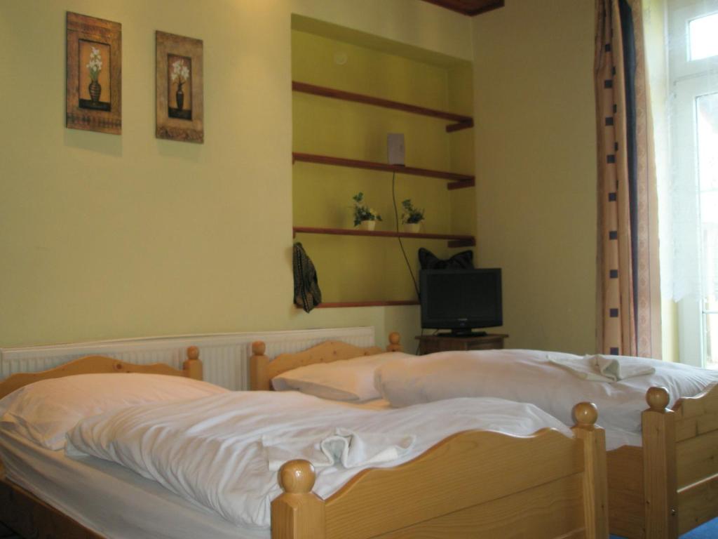 a bedroom with a bed with white sheets and a television at Pension Kozel in Ricany
