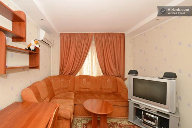 sala de estar con sofá y TV en Obolonskiy Prospekt Apartments 9, en Kiev