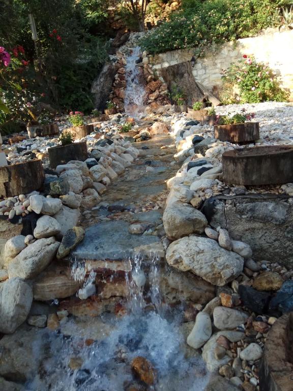 a stream of water with rocks in a garden at Edem Studios in Syvota