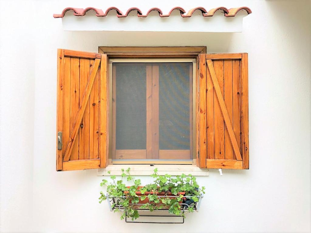 a window with wooden shutters and potted plants at Salento Sunny House in Leporano
