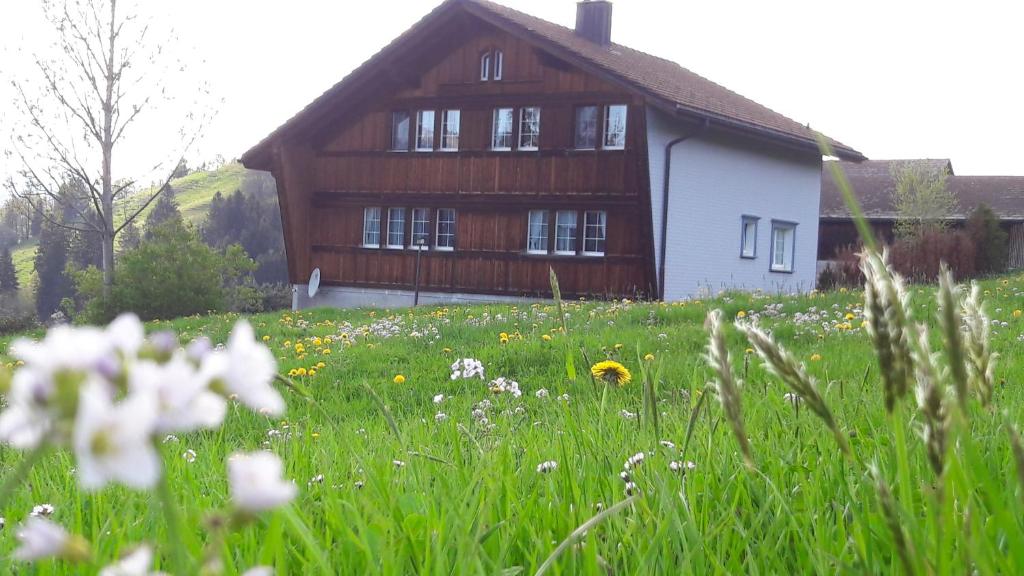 uma casa com um campo de relva e flores em Ferienstudio Familie Fässler-Dörig em Appenzell