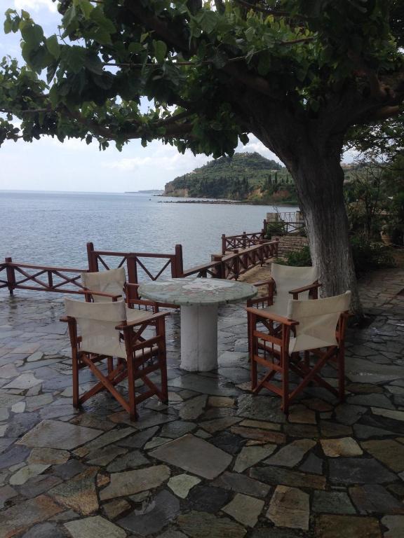 a table and chairs under a tree next to the water at Villa Nelly by the sea in Néa Koróni