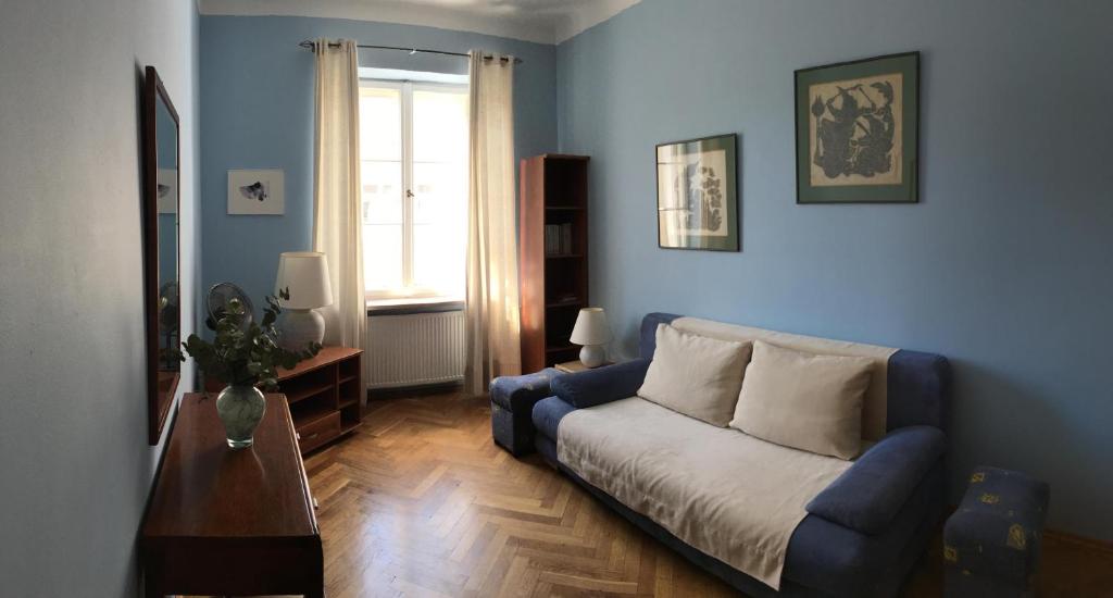 ワルシャワにあるCentral, cozy & peaceful flatの青いリビングルーム(ソファ、窓付)