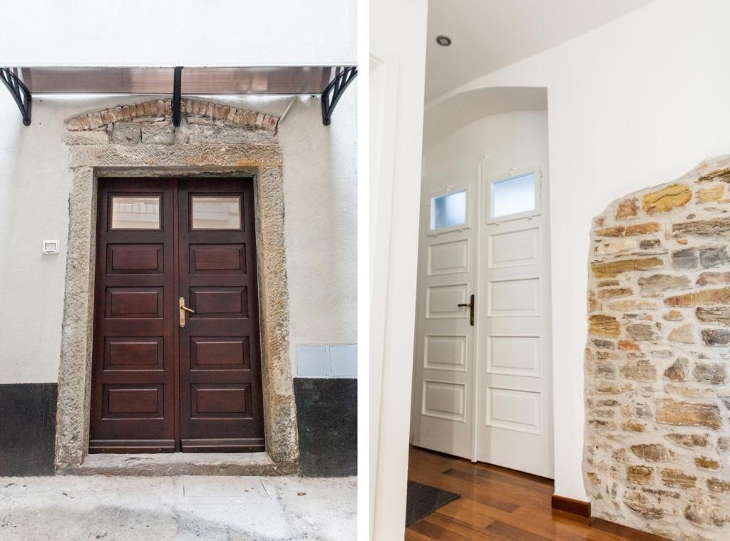 two images of a door and a stone wall at Naja's apartments (apartment 1) in Koper