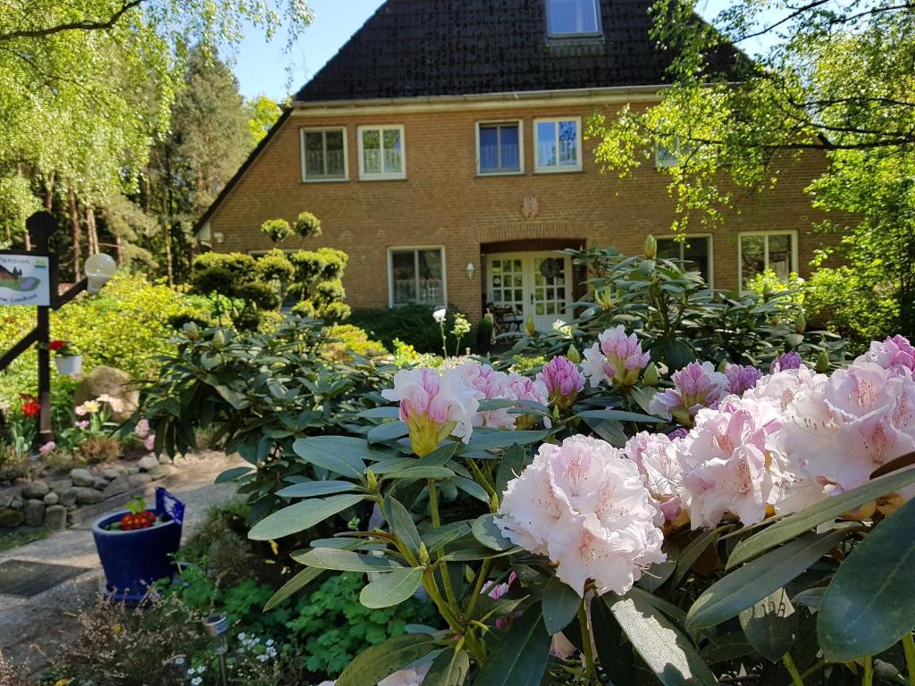 Pension 'Das kleine Landhaus' في Oberhaverbeck: حديقة بها زهور وردية أمام المنزل