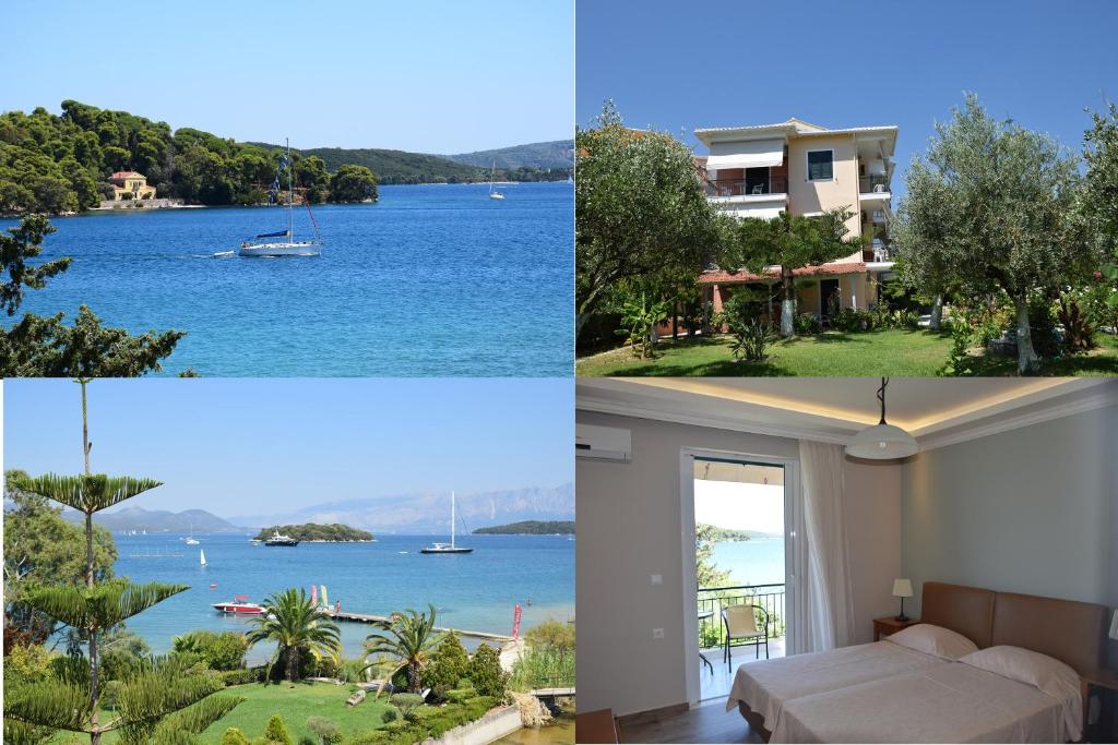 a collage of three pictures of a house and a lake at Akti Studios in Nydri