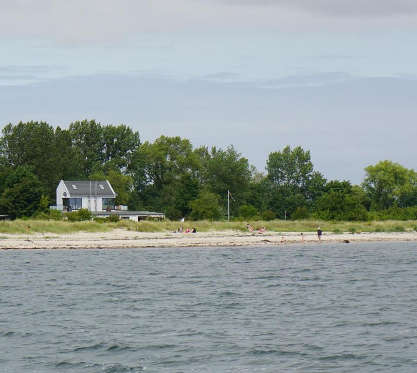 a house on the shore of the water with people on the beach at Ferienhaus Brückenblick 12 a in Fehmarnsund