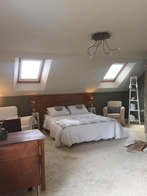 a bedroom with a large bed and skylights at B&B De Koraal in Emmen