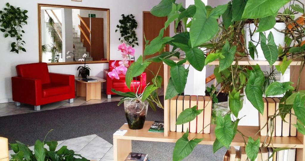 una sala de espera con plantas y una silla roja en Hotel As, en Biała Podlaska