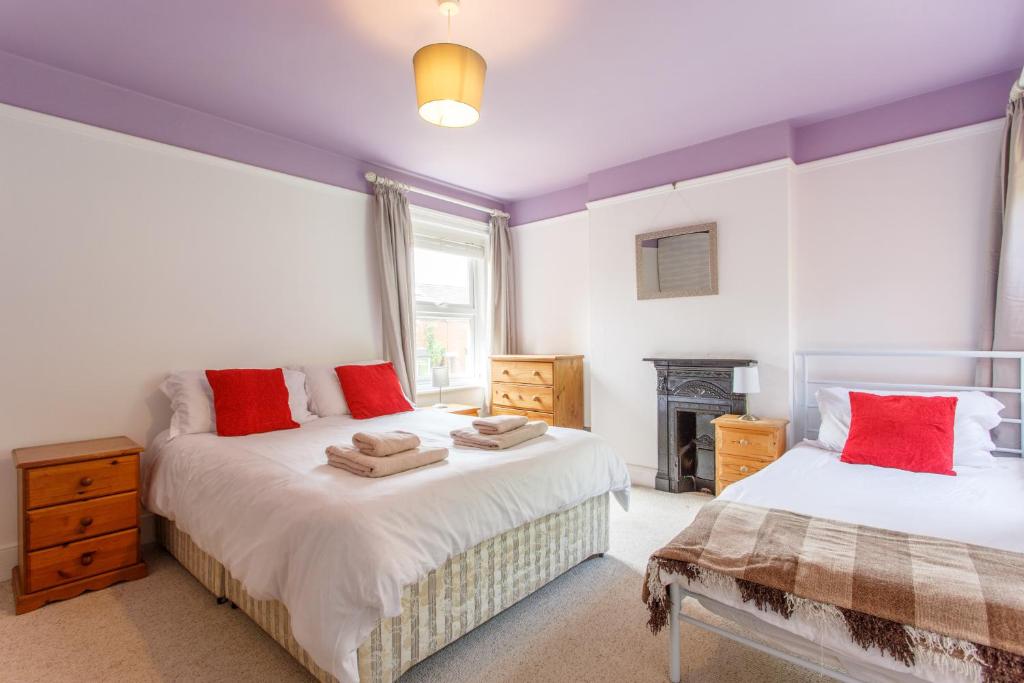 a bedroom with two beds and a fireplace at Executive Victorian House in Andover