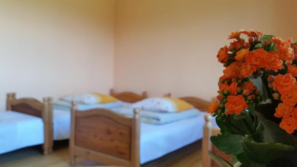 two beds in a room with orange flowers in the foreground at Janosik in Bustryk