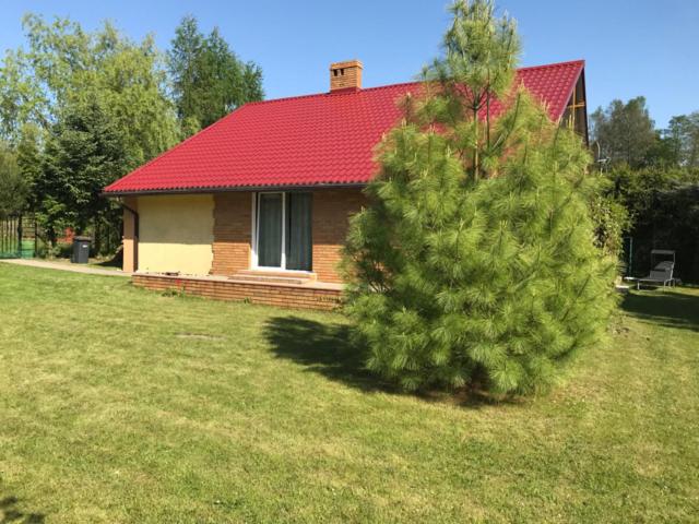 a house with a red roof and a tree in the yard at Dom nad jeziorem margonińskim Sport & Wypoczynek in Klotyldzin