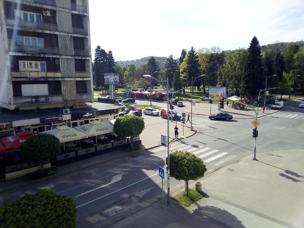 an aerial view of a street with a parking lot at Lara in Doboj