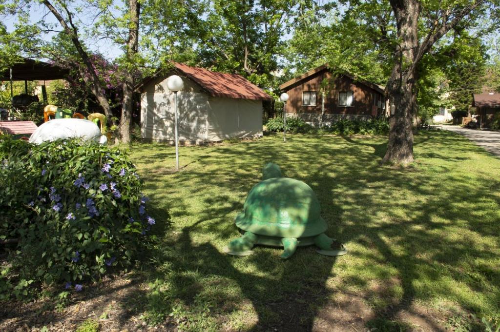 a stuffed turtle sitting in the grass in a yard at beit nofesh waiss in Beit Hillel