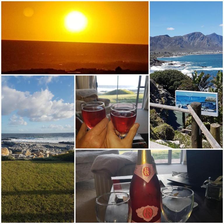 a collage of photos with a glass of wine and the beach at House 10-on-Sea in Hermanus