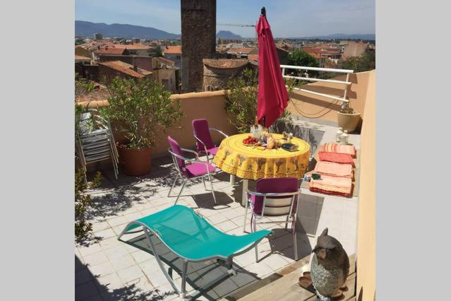 d'une terrasse avec une table, des chaises et un chat. dans l'établissement Les Palatines Penthouse, à Saint-Raphaël