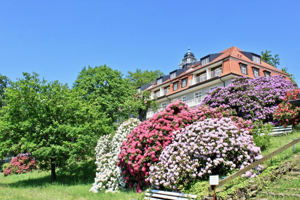 un gran edificio con flores delante en Ferienwohnung Natur und Kunst, en Dresden