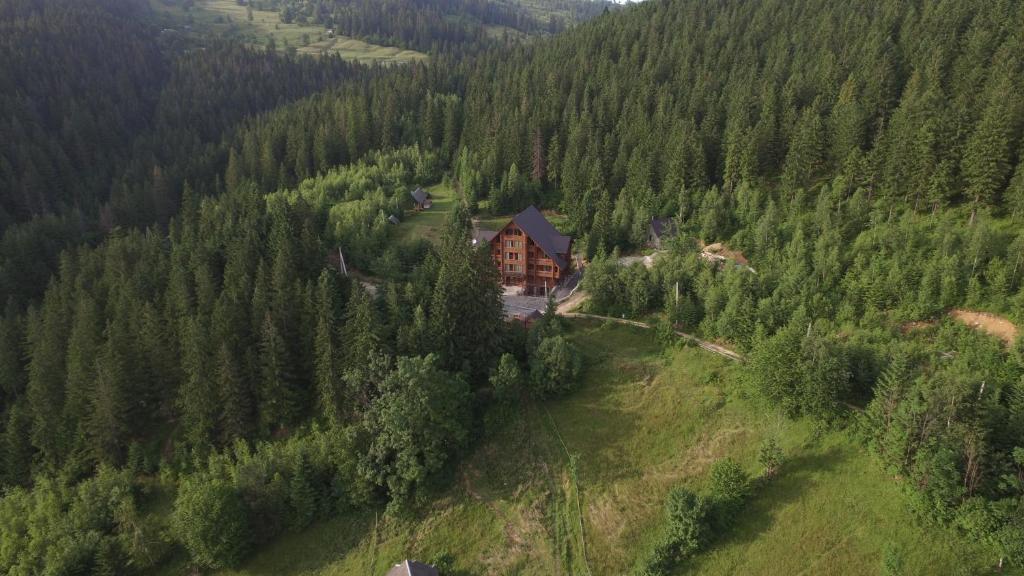 an aerial view of a house in the middle of a forest at Karpatski Dzherela in Yaremche