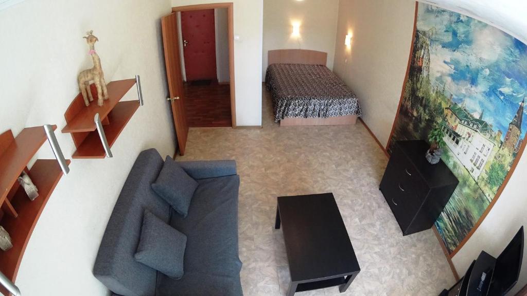 ノヴォシビルスクにあるЧелюскинцев 14/1のソファとベッド付きのリビングルームのオーバーヘッドビュー