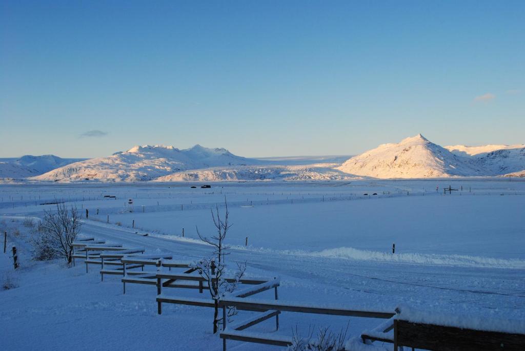 a row of benches in the snow next to a body of water at Brunnholl Country Guesthouse in Höfn