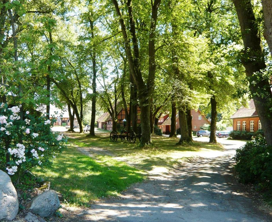 a path through a park with trees and flowers at Ferienpension Lindenhof in Marxen am Berge